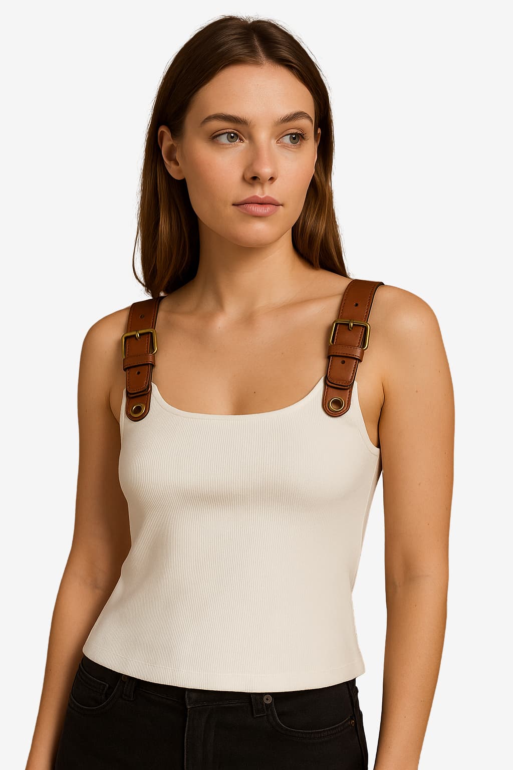 Women's Slim Fit White Patchwork Tank Top with Faux Leather Straps