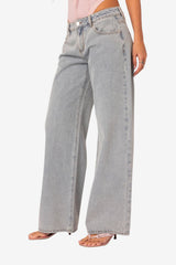 Women's Low-Rise Wide-Leg Jeans Light Wash Bow Pocket Detail