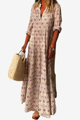 Women's V-Neck Maxi Dress Loose Fit 3/4 Sleeve Patterned
