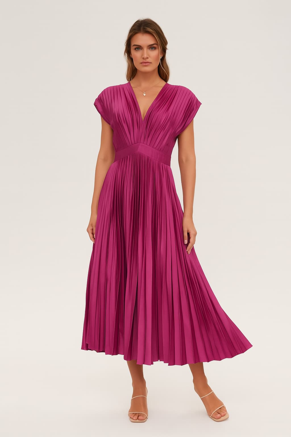 Women's Sleeveless V-Neck Midi Dress A-Line Pleated