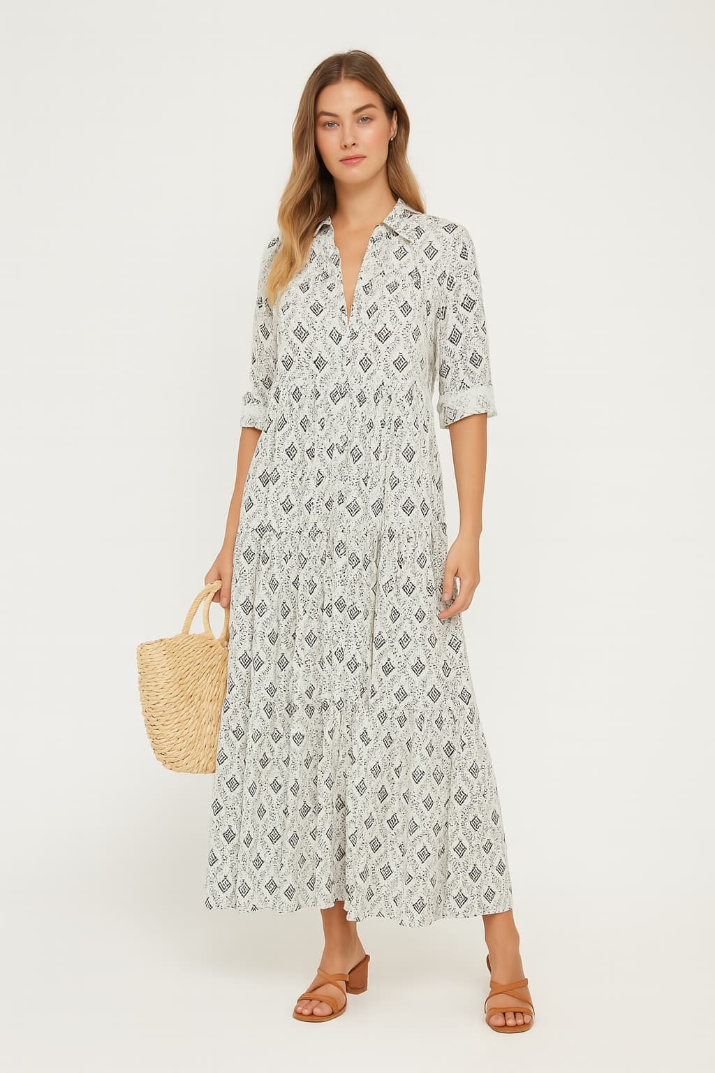 Women's V-Neck Maxi Dress Loose Fit 3/4 Sleeve Patterned