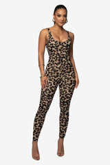Women's Leopard Print Yoga Jumpsuit, Sleeveless Full - Length