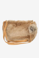 Women's Beige Faux Fur Crossbody Bag with Pom-Pom