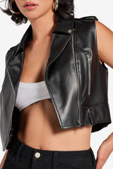 Women’s Faux Leather Cropped Moto Vest Sleeveless