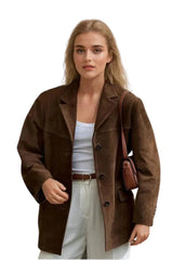 Women's Suede Jacket - Button Front Relaxed Fit Hip Length