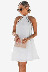 Women’s Backless Halter Mini Dress with Lace Trim