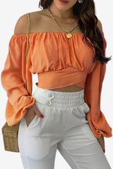 Women’s Boho Off-Shoulder Top Long Sleeve Light Blue