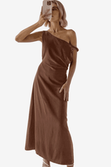 Women's Cotton Linen One-Shoulder Maxi Dress - Slim Fit &amp; Full-Length Elegant Cut