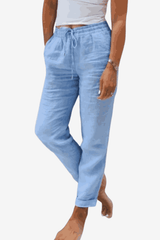 Women's Cotton Linen Relaxed-Fit Pants - Elastic Waist &amp; Drawstring for Casual Wear