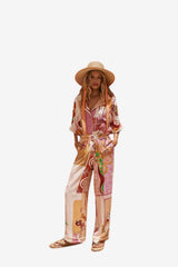 Women's Linen Two-Piece Set - Relaxed Fit V-Neck Top &amp; Elastic Waist Trousers