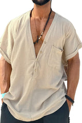 Men’s Linen Blend V-Neck Short Sleeve Summer Shirt
