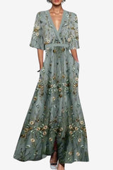 Women's Floral V-Neck Maxi Dress A-Line Fit Light Blue