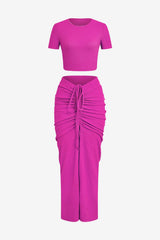 Women's Chartreuse Ribbed Crop Top &amp; Drawstring Midi Skirt Set