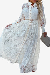 Women’s Long Lace Maxi Dress with Sleeves and Belt