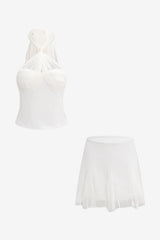 Women's White Mesh Halter Top &amp; Pleated Skirt Set