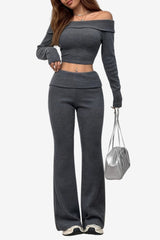 Women's Off-Shoulder Crop Top &amp; Flare Pants Lounge Set