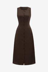 Women's Brown Sleeveless Midi Dress Fitted Button-Front