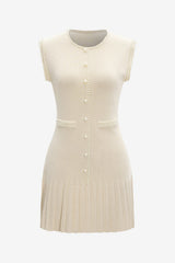 Women's Knit Sleeveless Pearl Trim Khaki Fitted Dress