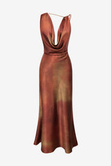 Women's Tie Dye Cowl Neck Satin Maxi Dress