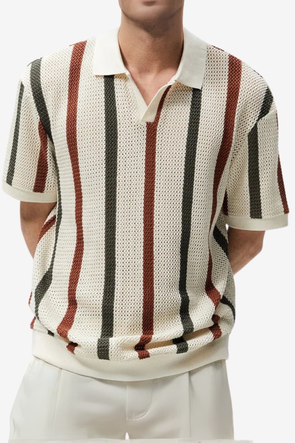 Men's Short-Sleeve Knitted Polo Shirt with Retro Stripes