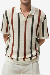 Men's Short-Sleeve Knitted Polo Shirt with Retro Stripes
