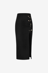 Women's Midi Skirt with Side Slit and Safety Pin Detail