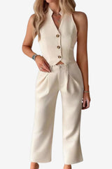 Women's Beige Sleeveless Vest and Wide-Leg Trousers Set