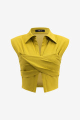 Women’s Linen Ruched Wrap Crop Top Sleeveless Collared