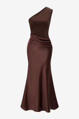 Women's Brown One-Shoulder Fitted Maxi Evening Dress