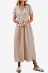 Women's Cotton Linen Midi Dress - Loose Fit V-Neck Short Sleeve Casual