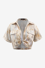 Women's Marble Print Cropped Shirt, Short Sleeve, Tie Front