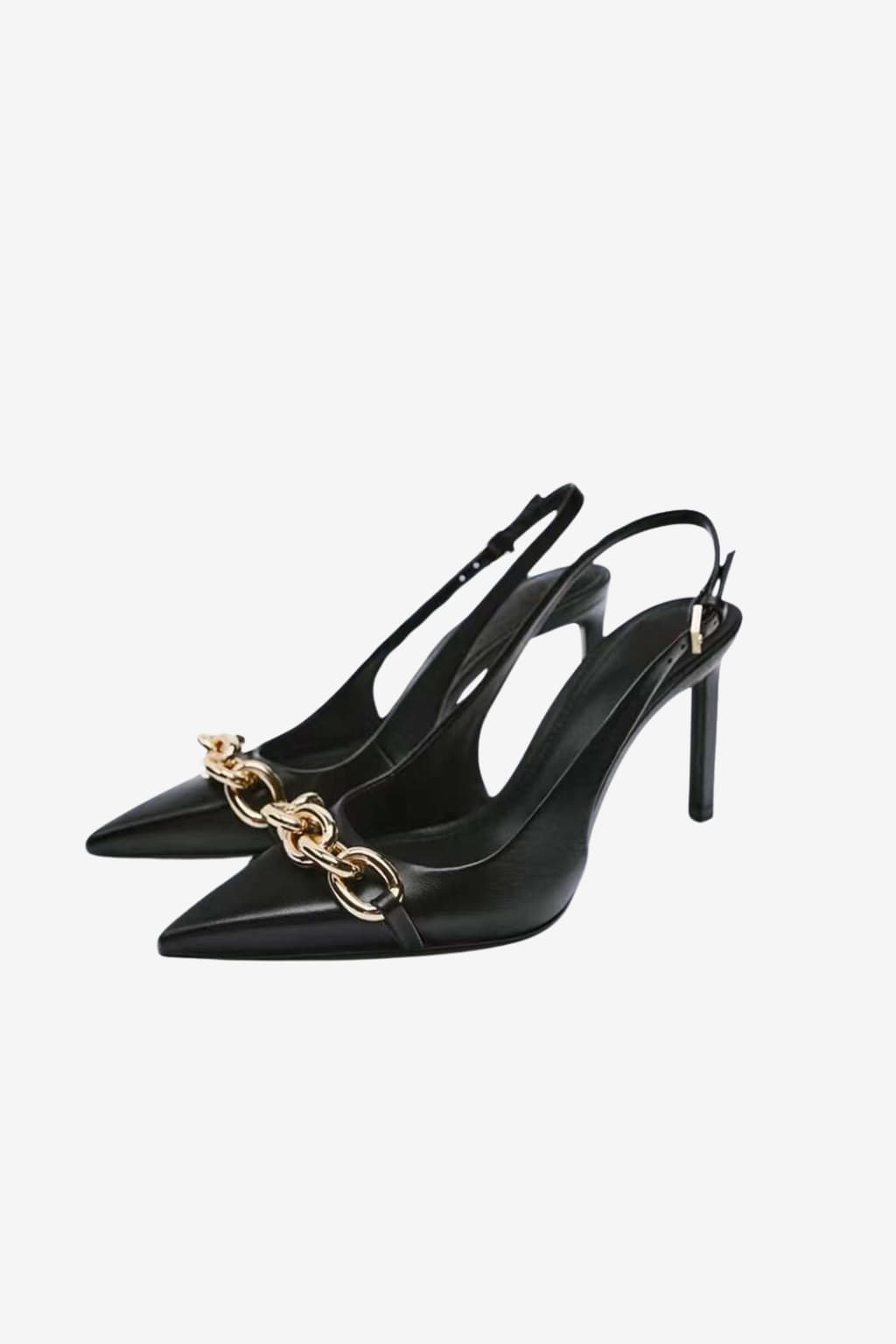 Women's Slingback Pointed Toe Stiletto Heels with Gold Chain Detail