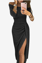 Women's Glitter Midi Dress with Off-Shoulder and High Slit