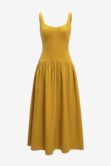Women's Mustard Yellow Sleeveless Midi Dress Scoop Neck