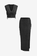 Women's V-Neck Fringed Crop Top &amp; Maxi Skirt Set