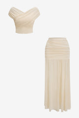 Women's Ruched Off-Shoulder Crop Top and High-Waisted Long Skirt Set
