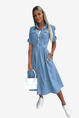Women's Denim Midi Dress Short Sleeve Button Front