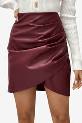 Women’s High-Waist Faux Leather Mini Skirt Ruched Slit