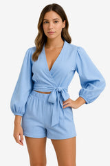 Women’s Puff Sleeve Wrap Top and Shorts Set For Summer