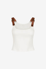 Women's Slim Fit White Patchwork Tank Top with Faux Leather Straps