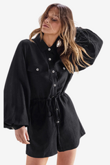 Women's Cotton Linen Utility Romper - Long Sleeve Button Front with Drawstring Waist