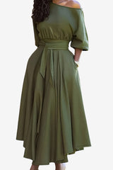 Women’s Off-Shoulder Midi Dress with Belt and Pockets