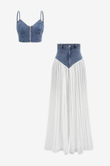 Women's Denim Crop Top &amp; Chiffon Maxi Skirt Set