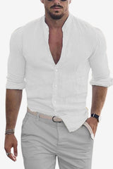 Men’s Linen Shirt Long Sleeve Slim Fit Mandarin Collar