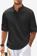 Men’s Linen Blend Shirt Long Sleeve Band Collar Casual