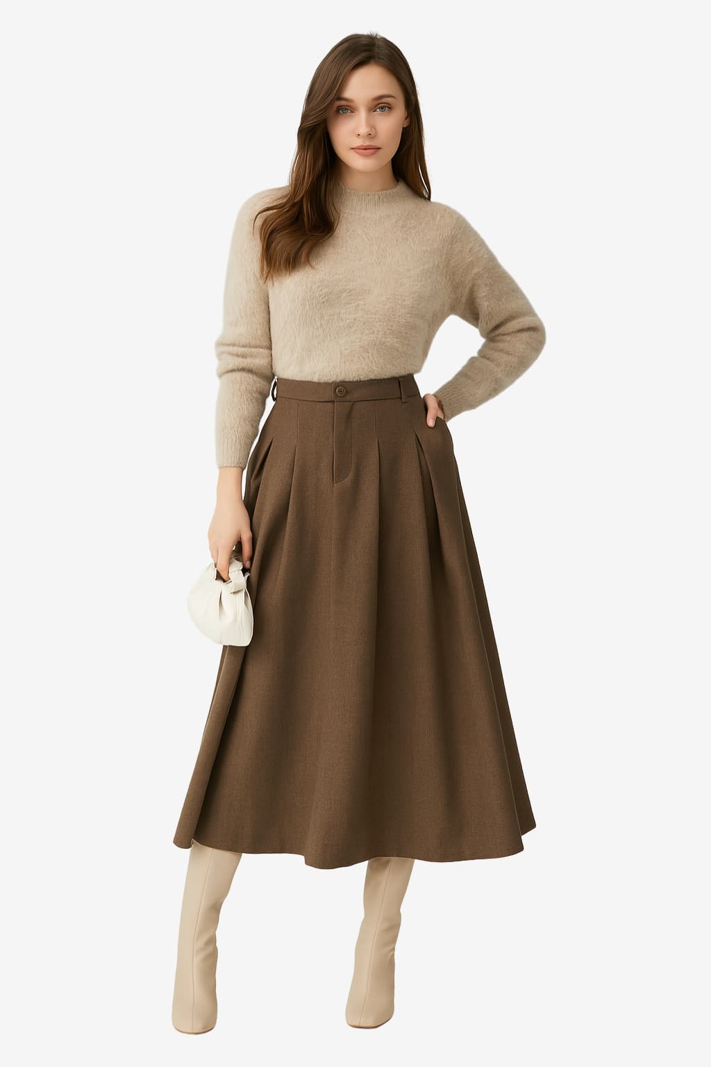 Women’s Wool Pleated Maxi Skirt High Waist Brown