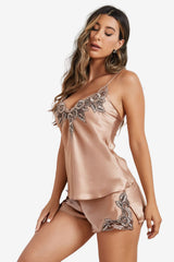 Women’s Satin Pajama Set with Lace Trim Details