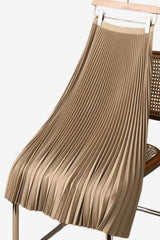 Women’s Pleated Midi Skirt High Waist Beige Elastic