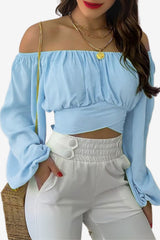 Women’s Boho Off-Shoulder Top Long Sleeve Light Blue