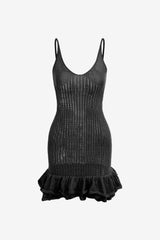 Women's Crochet Mini Dress V-Neck Ruffle Hem Slim Fit